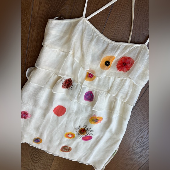 Tocca 100% Silk Cream Dress with Colorful Floral Accents and flowy layers - Picture 7 of 13